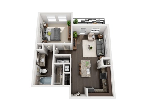 Floor plan for 1 bed, 1 bath, 677 sqft